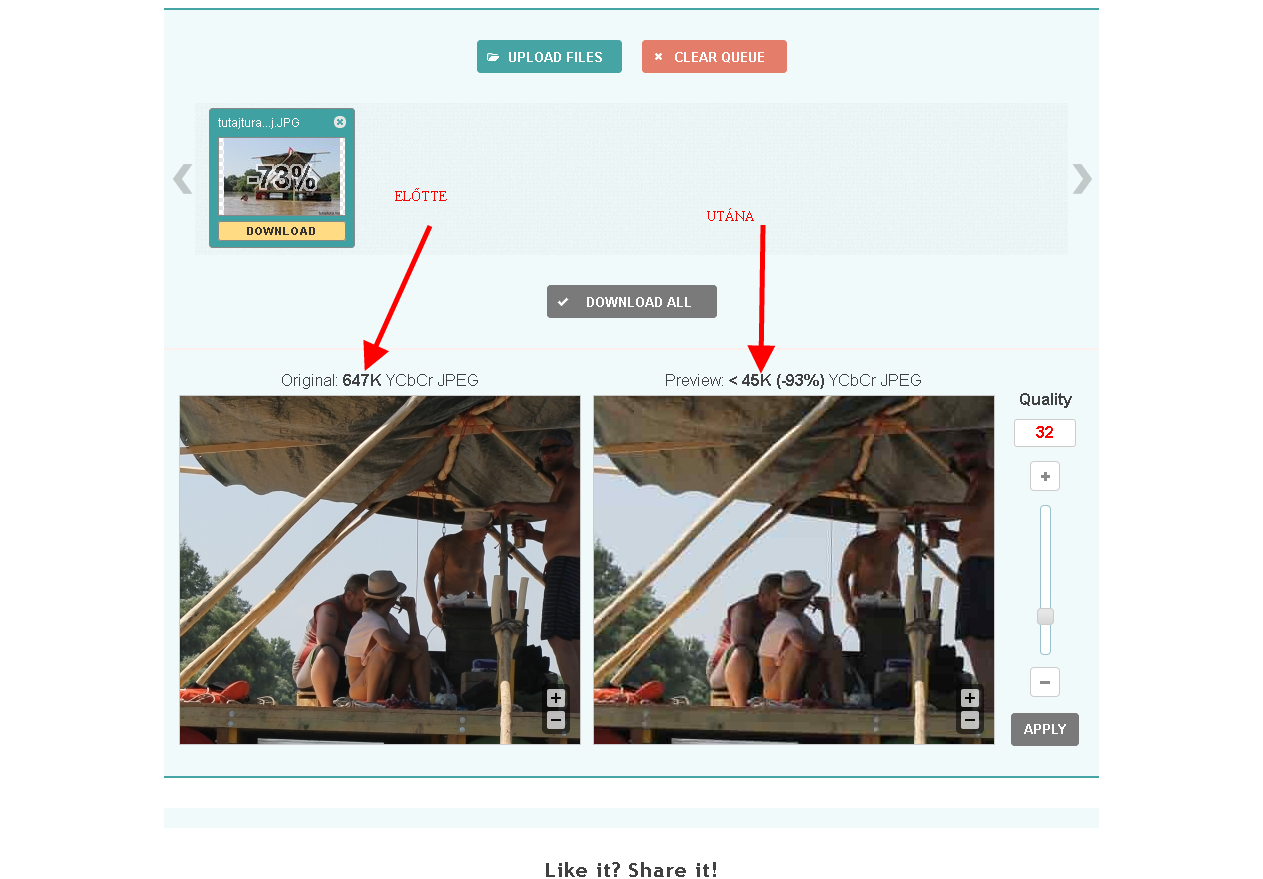 képoptimalizálás - előtte és utána méretek