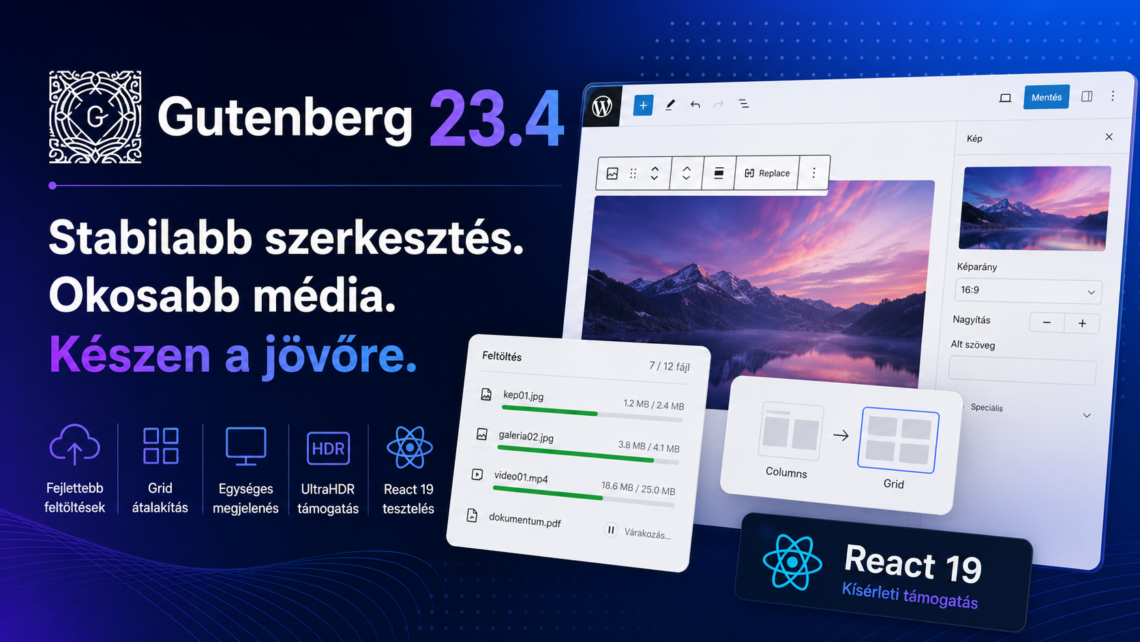 Gutenberg 23.4: stabilabb médiakezelés, React 19 előkészítés és rugalmasabb szerkesztés